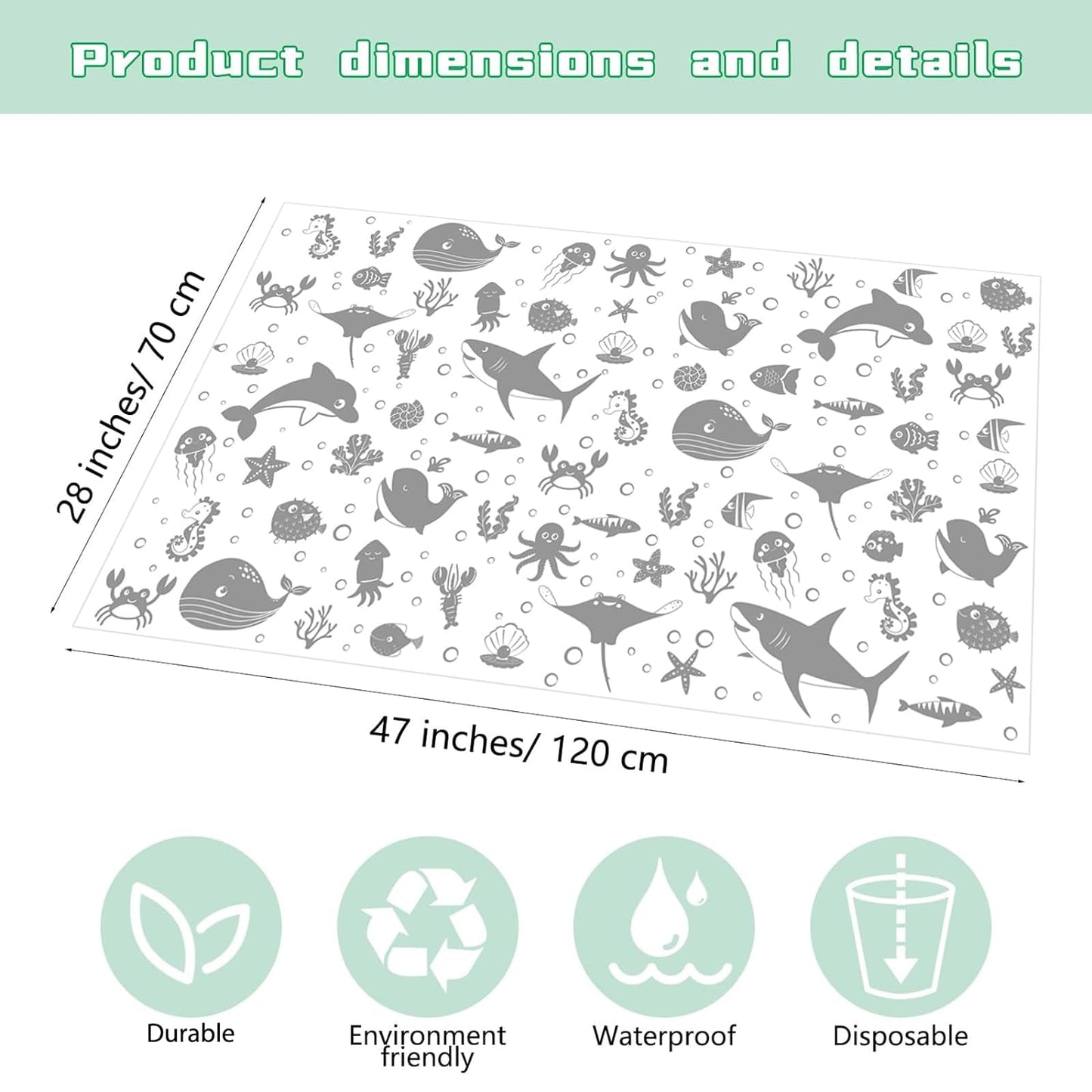 Drydiet 100 Pack 28"x47" Disposable Floor Splat Mats for Under High Chair with Animals Print, Waterproof Plastic Floor Mat Multipurpose Baby Led Weaning Supplies(Sea Animal)