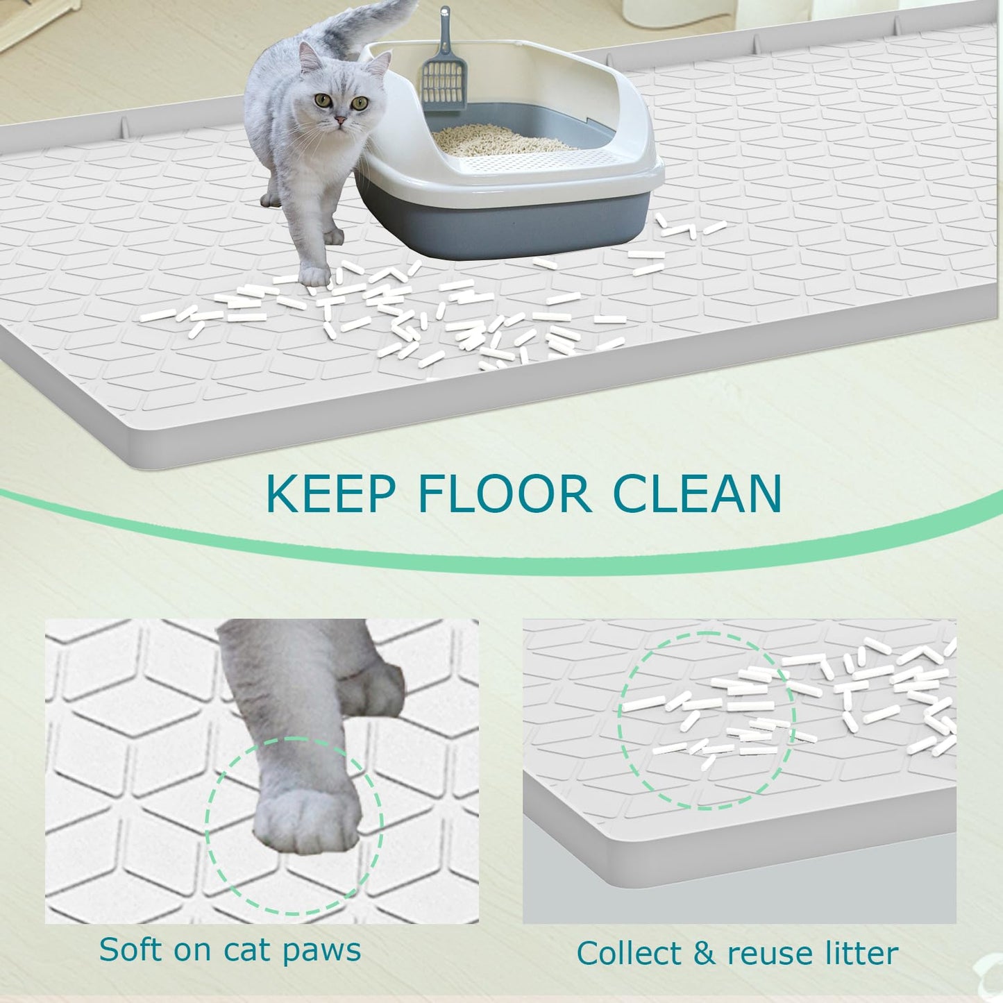 Jacooxi Cat Litter Mat for Litter Box, Silicone Large Cat Litter Trapping Mat - 28x22 in, Waterproof & Non-Slip, Durable & Easy Clean, Light Gray