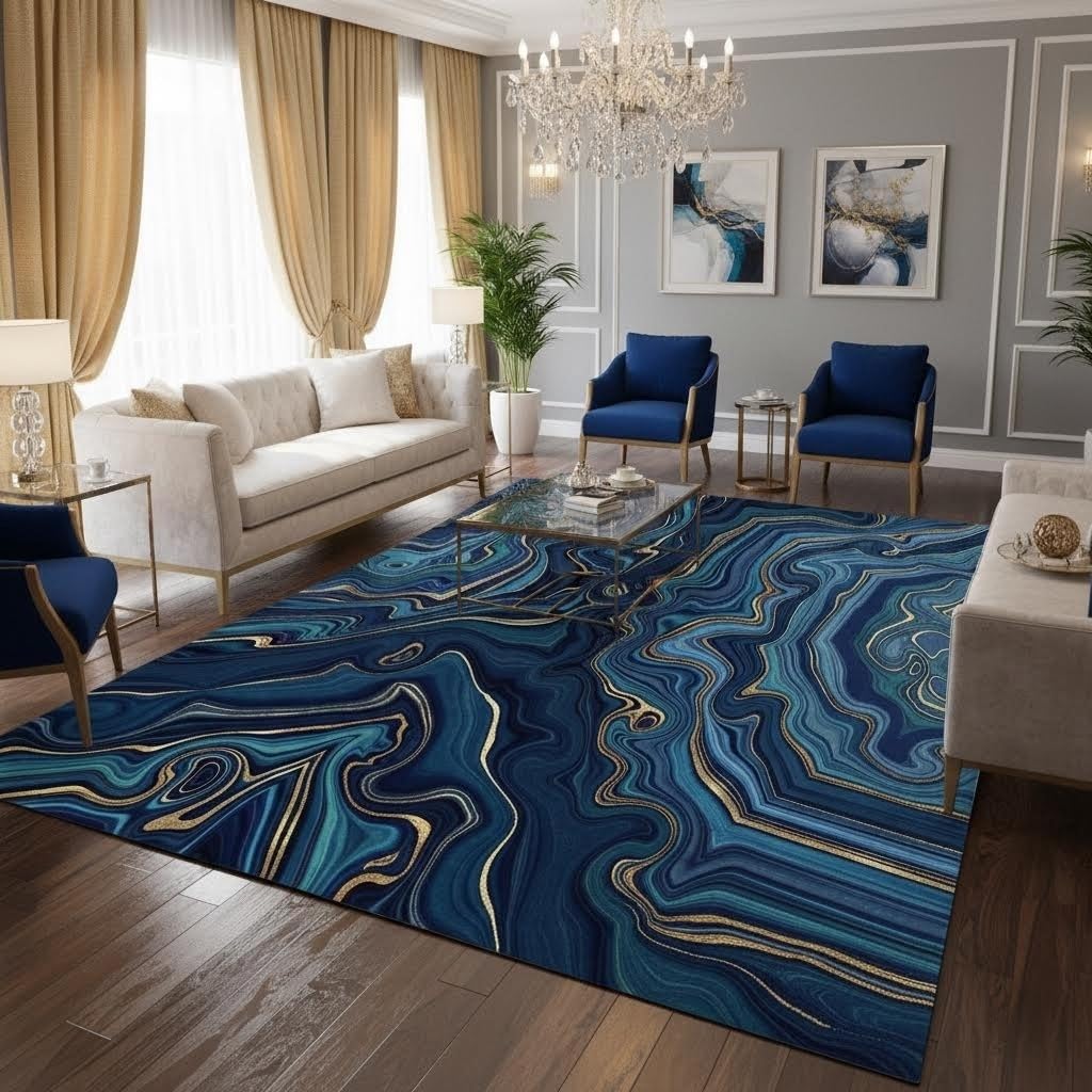 Marble Liquid Swirl Blue Gold Stripe Area Rug 7x10 Contemporary Abstract Art Decor Rug for Living Room Dining Room Playroom Soft Washable Carpet Luxury Chic Home Office Entryway Floor Rug Runner Mat