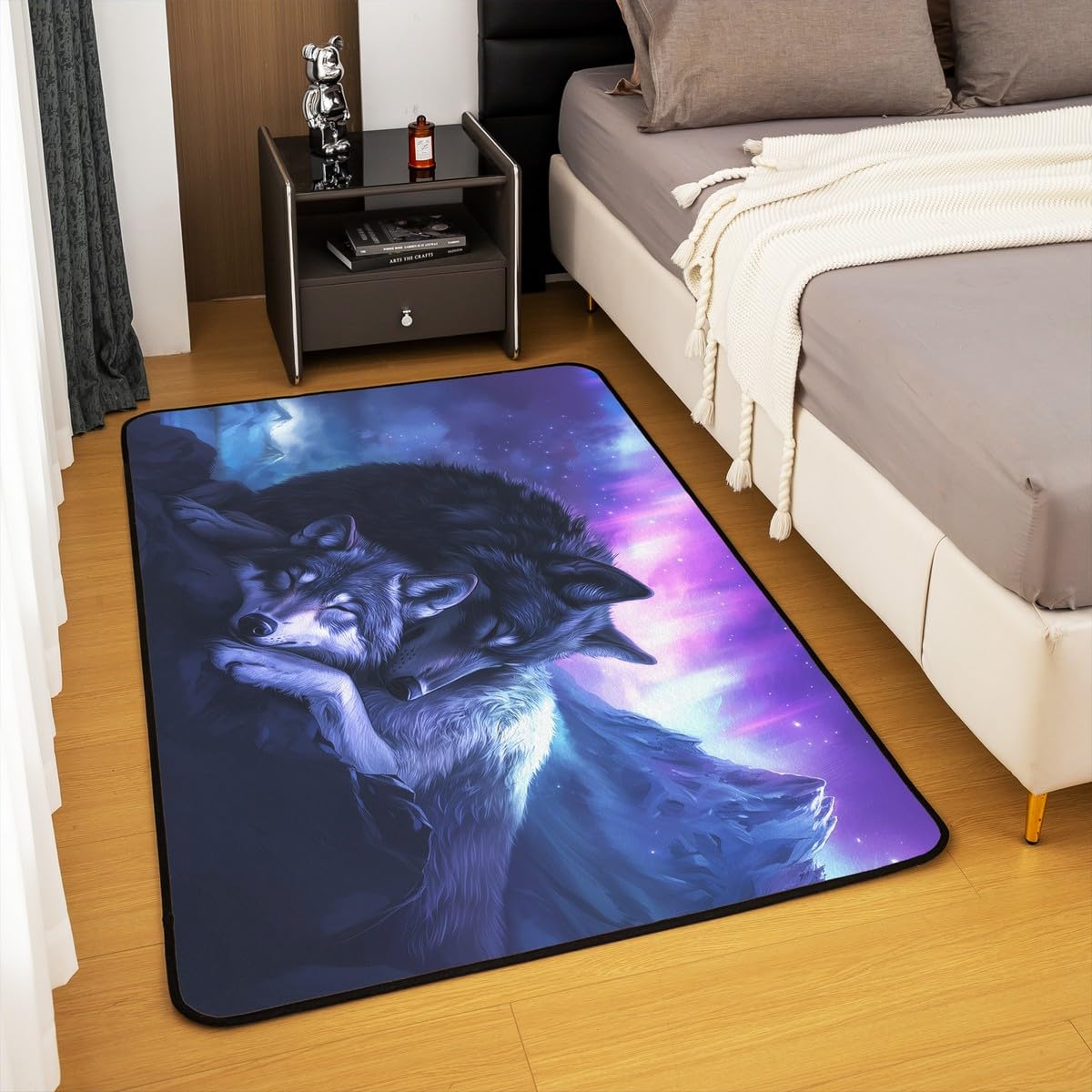 Castle Fairy Wolf Animal Area Rug 5x7 Sleeping Wildlife Wolves Decorative Rug for Kids Teens Adults Ombre Purple Aurora Rugs for Living Room Bedroom Western Rustic Decorative Rug