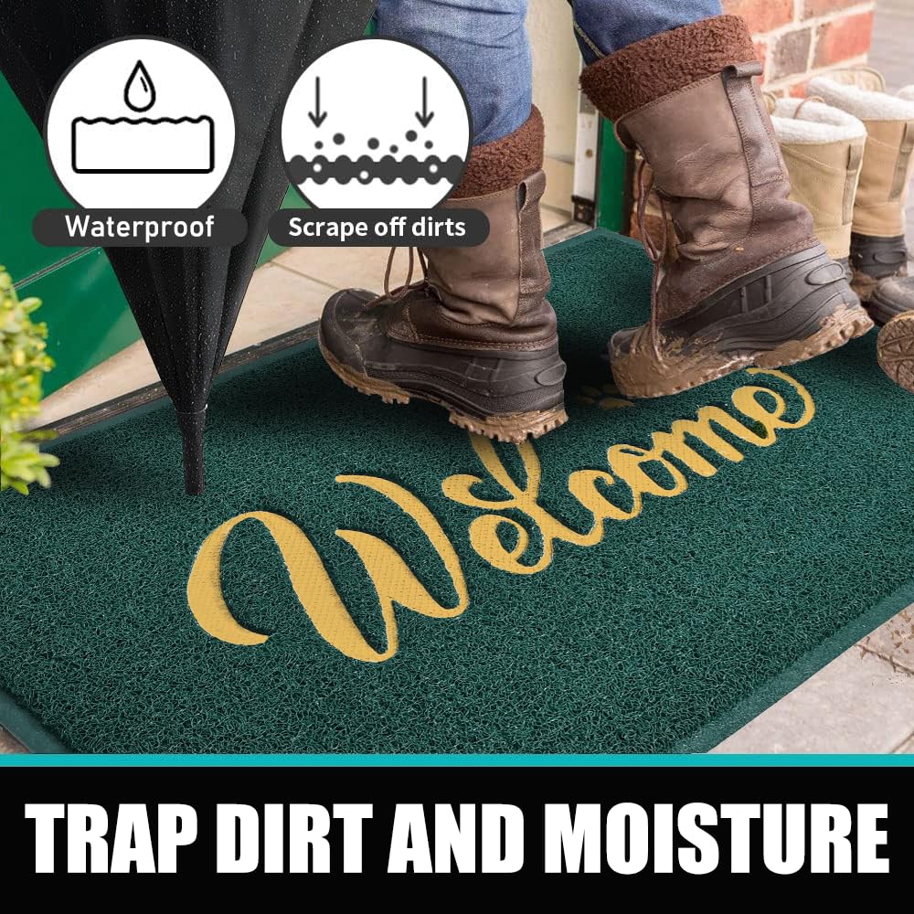 T.HENV Christmas Door Mat Outdoor, 30x17.5 Waterproof All-Season Front Door Mat Outside Entrance, All-Weather Quick Drying, Low Profile Doormat Indoor, Patio Porch Entryway Mats, Green-Gold