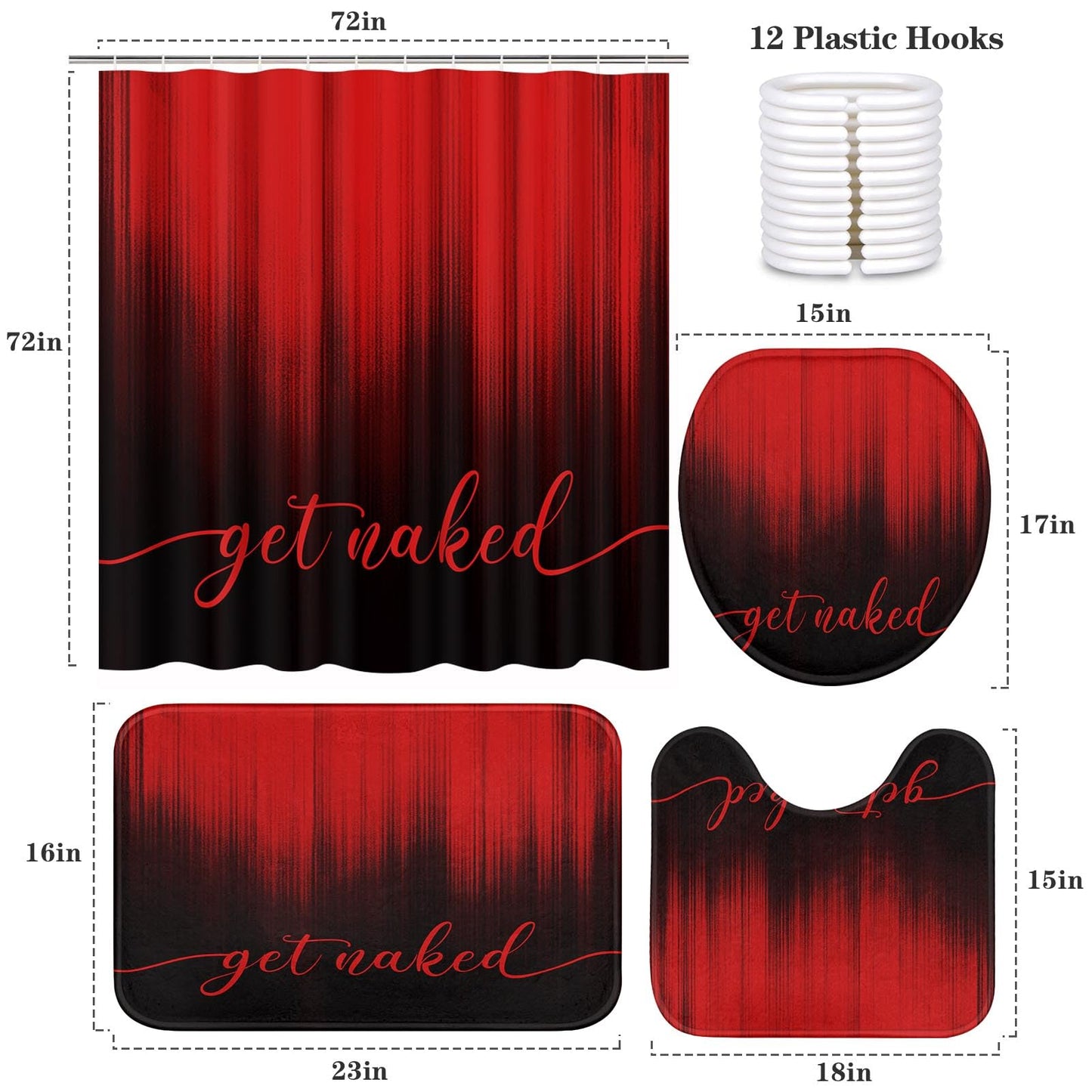 ArtSocket 4PC Red Black Ombre Get Naked Modern Simple Shower Curtain Sets Bathroom Decor with Rugs, Non-Slip Rug,Toilet Lid Cover, Bath Mat and 12 Hooks 72x72 inches