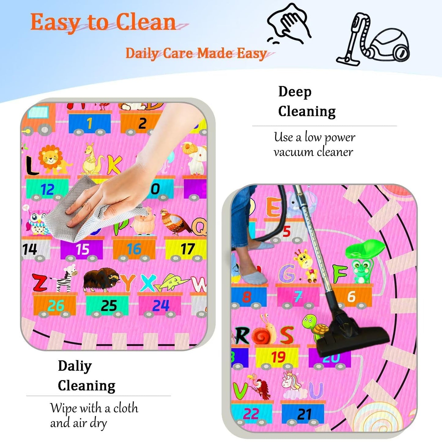 DoRlPIeY Kids ABC Pink Play Rug, Girl Alphabet Rugs with Numbers Animal Train and Road Shapes Learning Fun Educational Carpet, Playmat for Kid Bedroom Playroom(31x47 in Small Pattern)