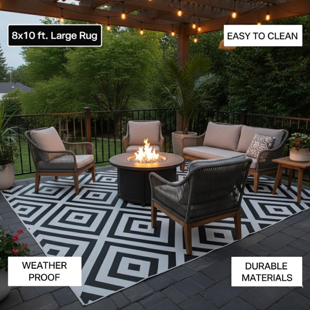 Outdoor Rug - 8x10 Outdoor Area Rug for Patio - Easy to Clean - Black and White Diamond Pattern - Outside Rug by Joylee