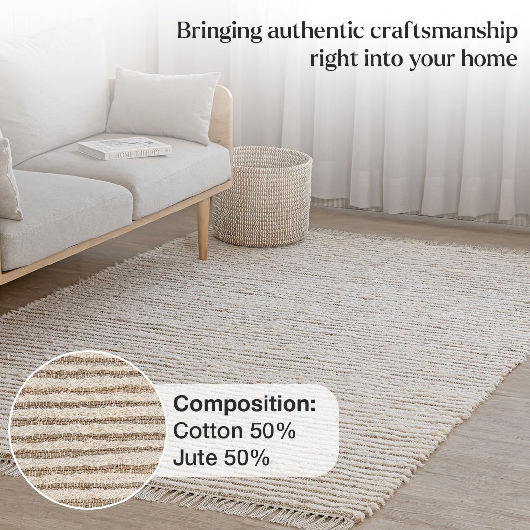 HOMEMONDE Jute Cotton Area Rug 8x10 ft Large Rectangle Hand Woven Natural Farmhouse Rugs for Living Room, Bedroom, Kitchen, High Traffic Area - Rustic Vintage Bohemian (Natural Offwhite)