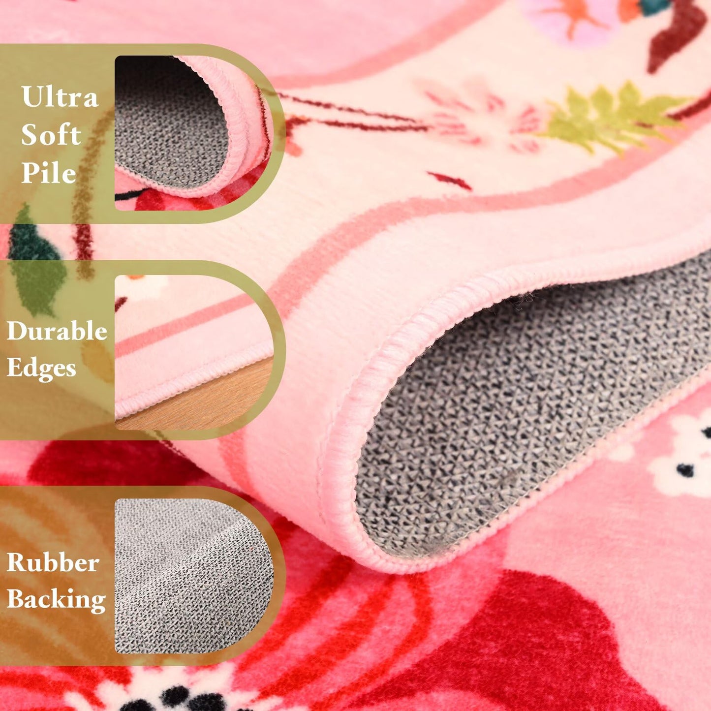 Macgace 2x3 Pink Floral Rug for Entryway, Flowers Printed Washable Small Rugs with Non Slip Backing for Girls Bedroom Kitchen, Cute Throw Carpet Front Door Entry Decor