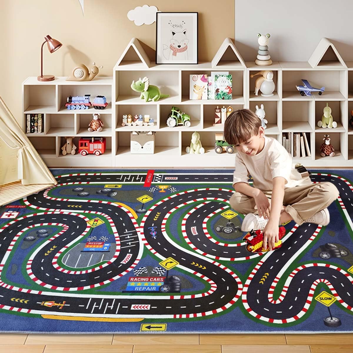 JUFORHQC Kids Rug,Children's Room Rug,Road Race Play Rugs, Rail City Living Rugs, Washable Non-Slip Play Mats. (Dark Blue, 31x47in)