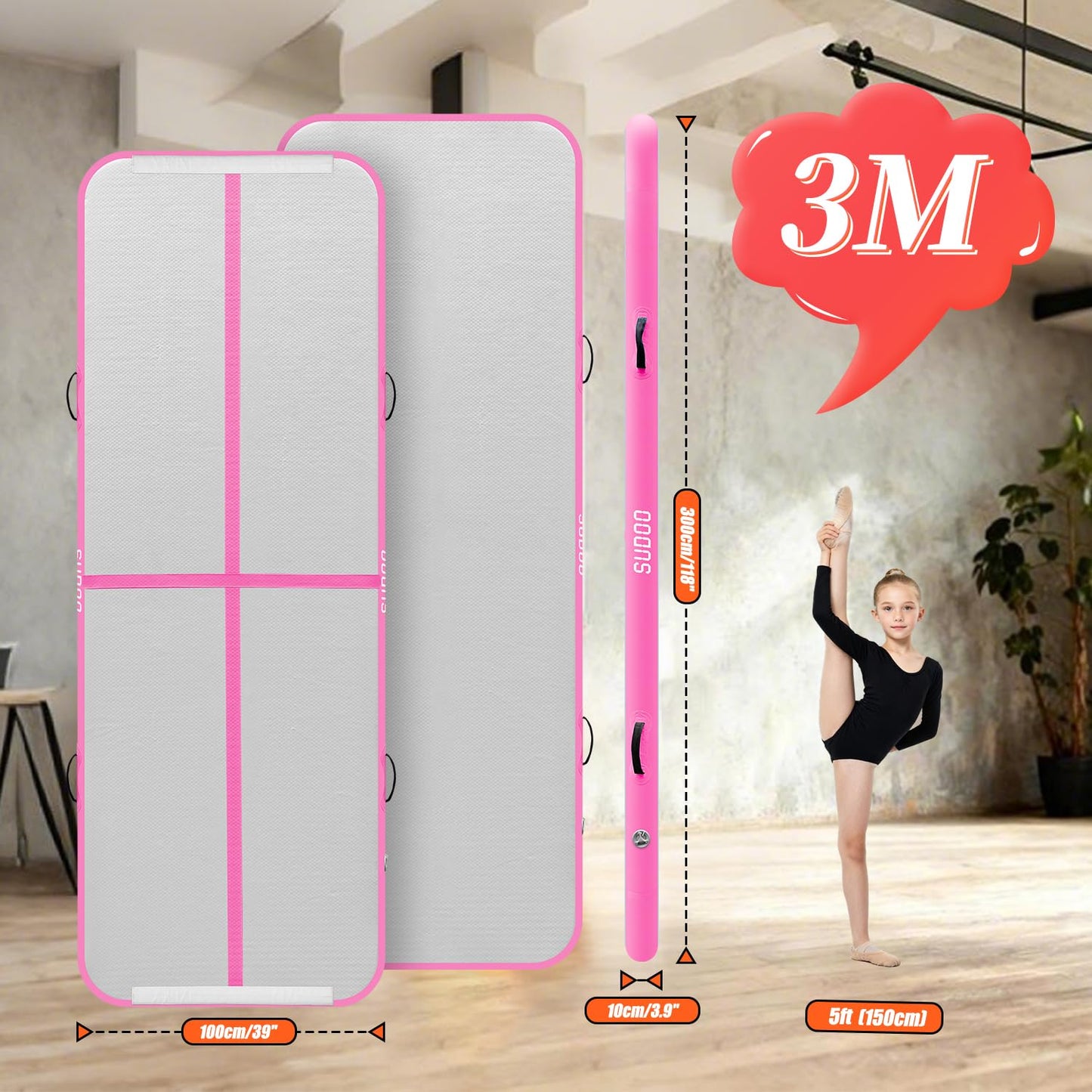SUDOO 10ft Inflatable Air Gymnastics Mat 4" Thick PVC Waterproof Air Tumble Track Training Mat for Home Use, Gym, Yoga, Training, Water No Pump