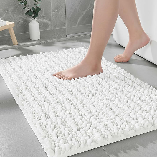 Ruggnovea Bathroom Rugs Non Slip Washable 36x24, Extra Thick Soft Chenille Absorbent Bath Mat, High Density Barrier Non Slip Backing, Quick Dry Plush Shaggy Floor Carpet for Tub&Shower, White