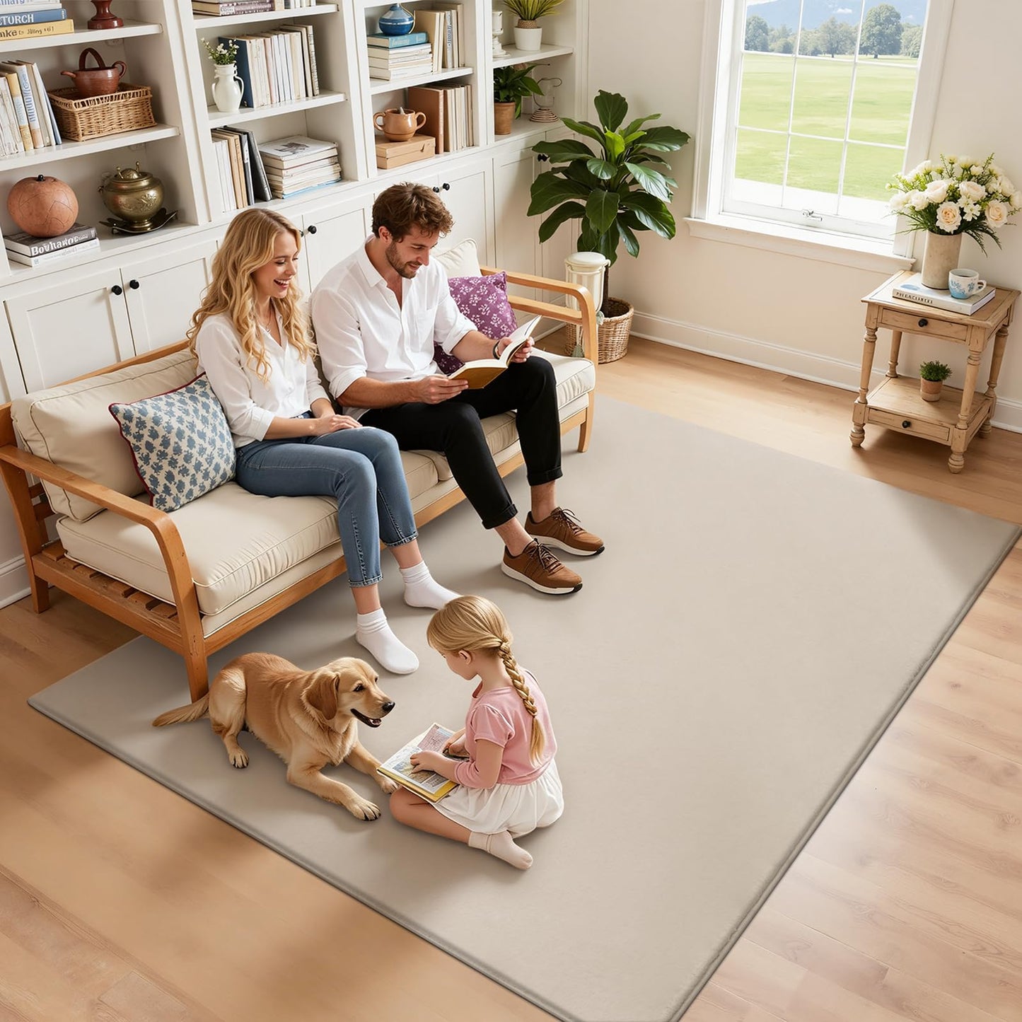 SHACOS Ultra Soft Faux Rabbit Fur Area Rug 3'x5', Non Slip Washable Padded Living Room Rugs, Fluffy Cozy Indoor Modern Carpet for Bedroom Dining Room Kids Room Dorm Home Decor, Beige