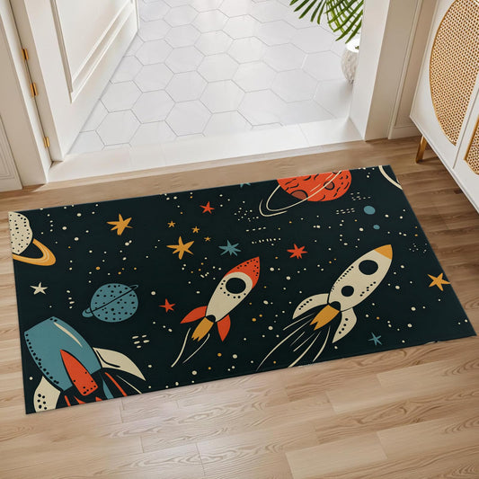 Plistiz Space Rocket Indoor Door Mat, 17x29.5 Inch, Floor Area Rug for Entryway, Living Room, or Bathroom, Non-Slip Doormat, Fun Outer Space Design with Planets and Stars Home Decor Rug Gifts