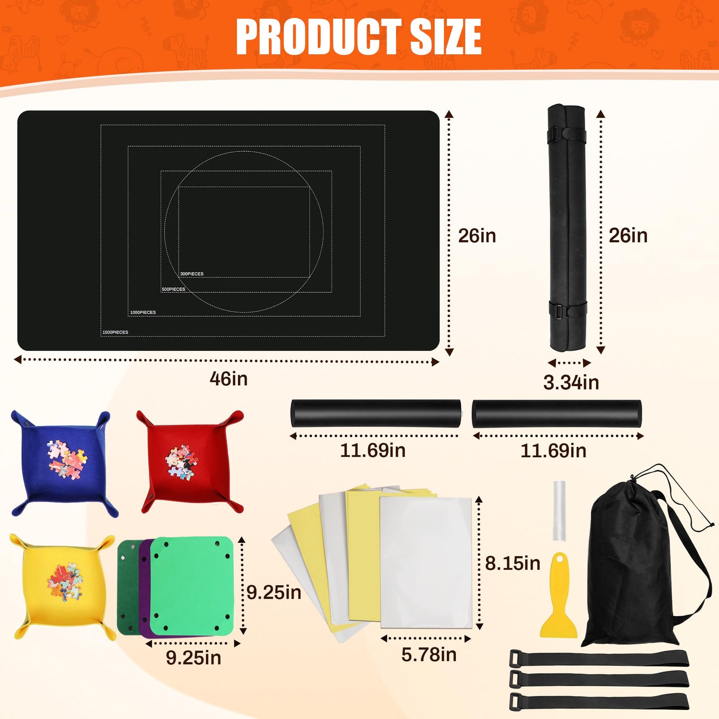 Bofoho Jigsaw Puzzle Mat Roll Up 46" x 26" for 1000 1500 Pieces, Portable Saver Pad with Non-Slip Rubber Bottom & Smooth Top, 6 Sorting Trays, Storage Bag, 50 Puzzle Saver Sheets & Scraper Tool