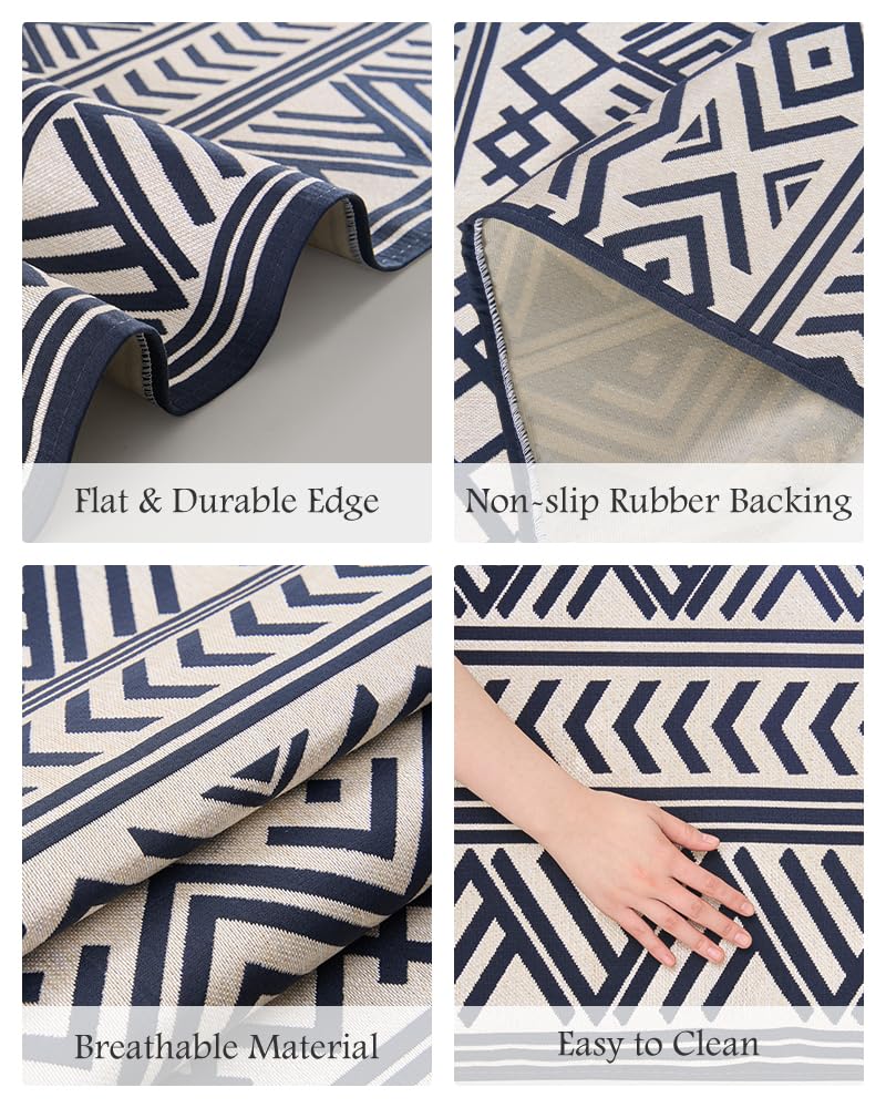 Outdoor Rug Carpet 5x8 ft, Flatweave Textured Outdoor Patio Rug Non Slip Indoor Outdoor Rugs with Rubber Particles Backing Boho Outdoor Area Rug for Patio Deck Front Porch Backyard Balcony, Navy