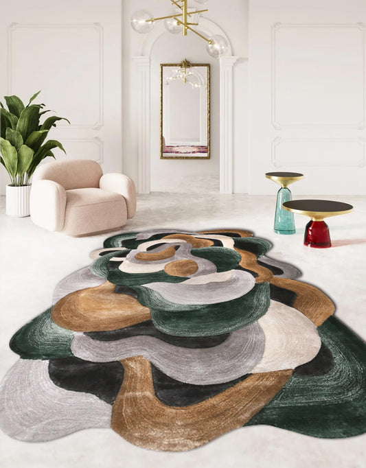 5x7 Irregular Shaped Area Rug for Living Room Bedroom Guestroom Indoor Throw Rugs Modern Abstract Art Meetingroom Home Office Lightweight Stain Resistant Floor Carpet Emerald Green Brown Gray