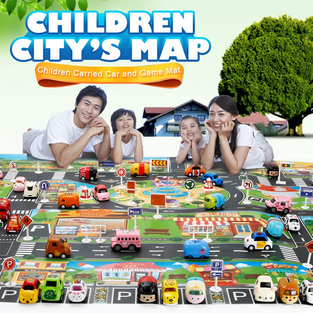 Plastic Toy Rug, Self Cleaning Oil Free Cloth,Washable for Floor Or Table,Kids Carpet PVC City Life,Educational Road Traffic Play Mat Learning Carpets for Kids