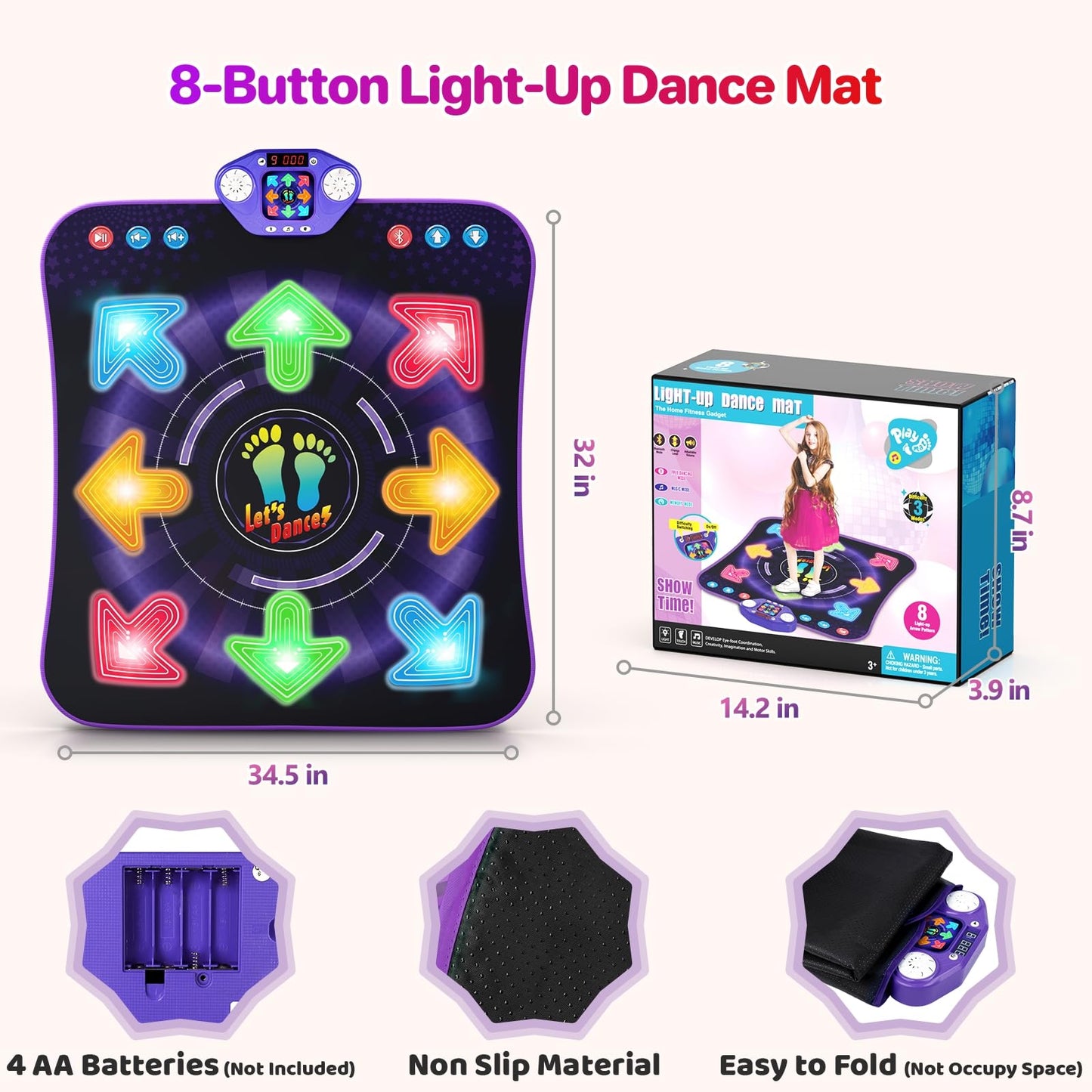 Dance Mat Toys for 3-12 Year Old Girls Boys, Dance Pad with Light Up 8-Buttons & Bluetooth, Music Dance Game with 7 Game Modes, Christmas Birthday Gifts for 3 4 5 6 7 8 9 10+ Year Old Girls Boys