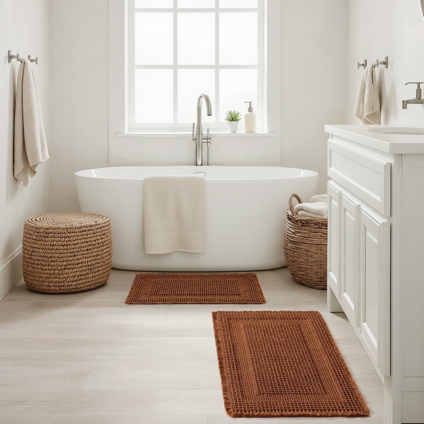 MIULEE Set of 2 Waffle Bathroom Rugs, Terracotta Boho Bath Rug Super Absorbent, Non Slip Washable Ultra Soft Rubber Backed Shower Bath Mats for Floor, Tub, Shower, Looped Design, Caramel, 18x30 Inch