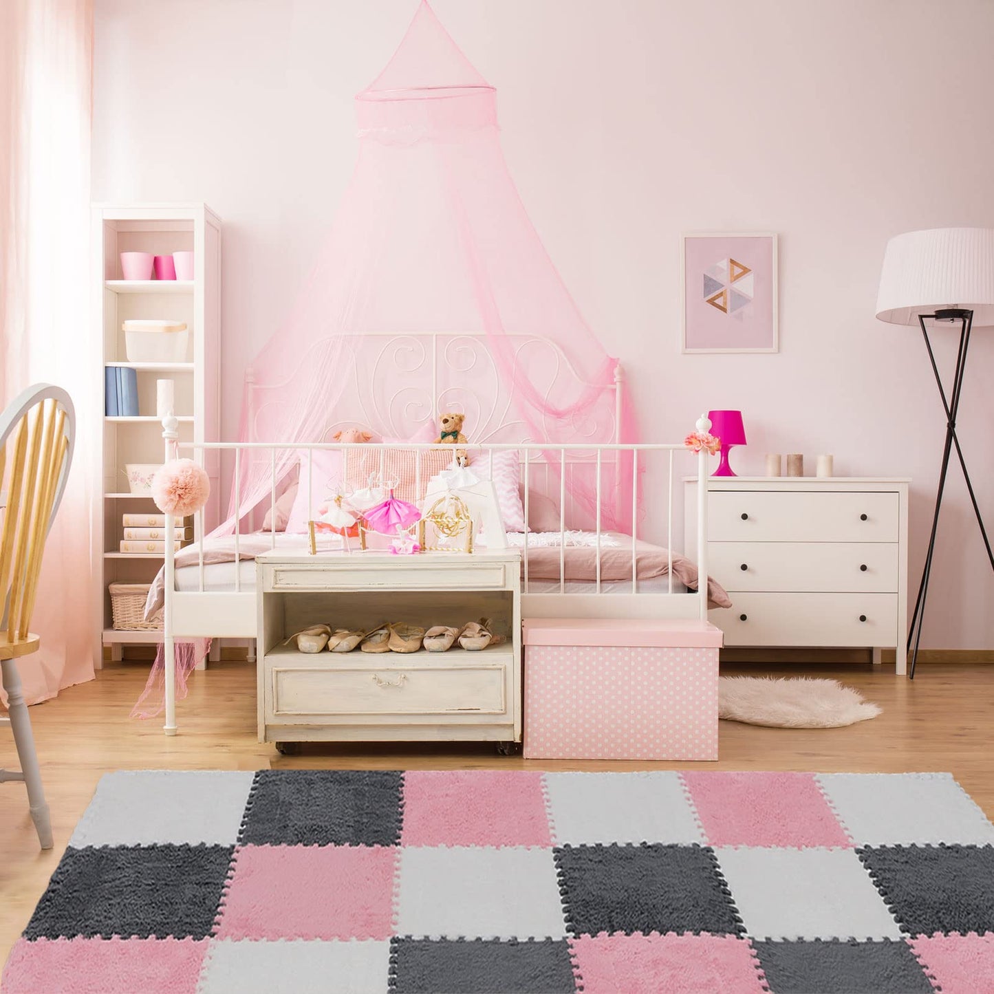 Amylove 72 Pieces Plush Foam Floor Mat Square Interlocking Carpet Tiles with Border 12 x 12 x 0.4 in Fluffy Play Mat Floor Tiles Soft Climbing Area Rugs for Home Playroom(White, Gray, Pink)
