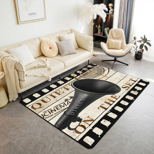 Vintage Cinema Movie Theater Indoor Floor Mat Cinema Poster Design Decorative Carpet, for Rustic Wooden Old Fashion Home Decor Living Room Rugs Area Rug 4'x5'