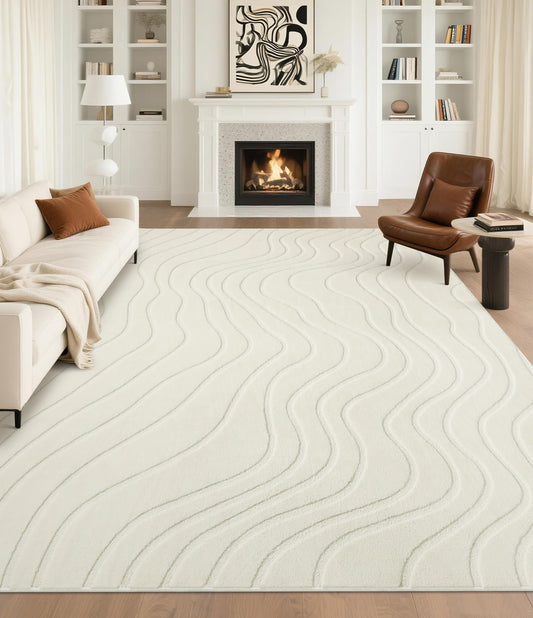 YIHOUSE 6x9 Abstract Wave Striped Area Rug, Modern Washable High-Low Pile Rug, Soft Textured Carpet for Living Room, Bedroom,Dining Room, Beige Ivory White