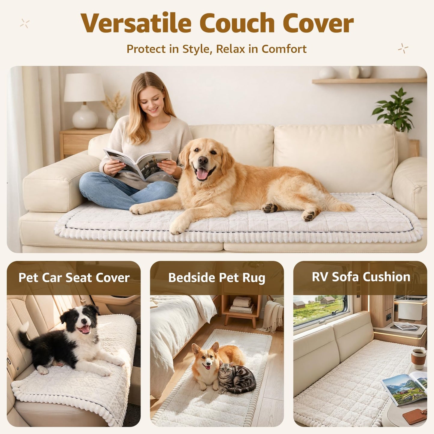 LOOBANI Couch Cover for Dogs Washable: Non Slip Fuzzy Plush Pet Couch Covers for 2 Seat Sofa, Hair Resistant Sofa Protector Pet Friendly, Home Decor Couch Slipcover, 27.6" x 59", White