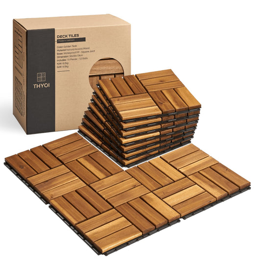THYOI Premium Deck Tiles, Patio Flooring - Set 10 Pcs 12”x12”x0.9” Interlocking Deck Tiles, Waterproof Acacia Wood for Balcony, Backyard, Indoor & Outdoor (Golden Teak, Crossed Pattern, Square Joints)