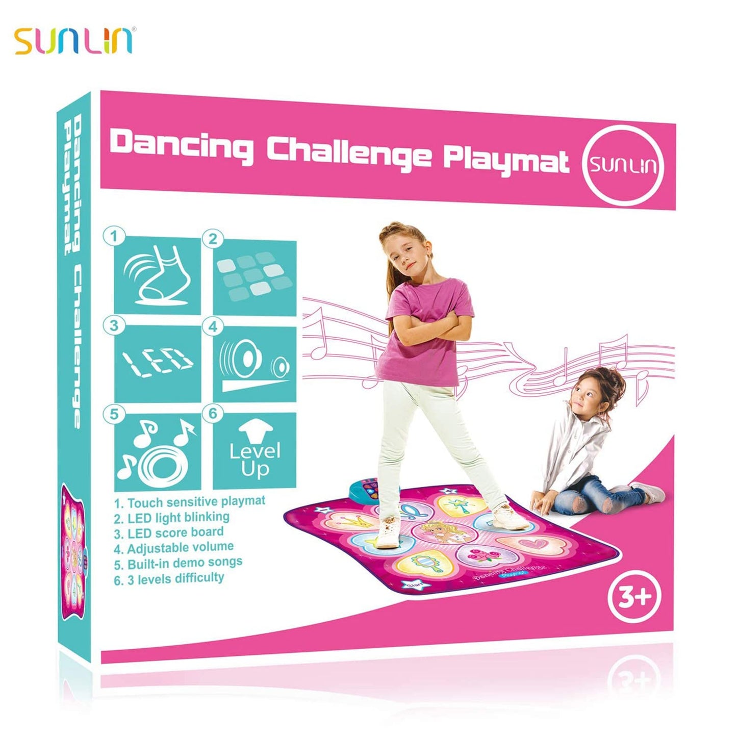 SUNLIN Dance Mat - Rhythm Step Play Mat - Dance Game Toy Pad with LED Lights, Gift for Kids Girls 3-8, Adjustable Volume, Built-in Music, 3 Challenge Levels