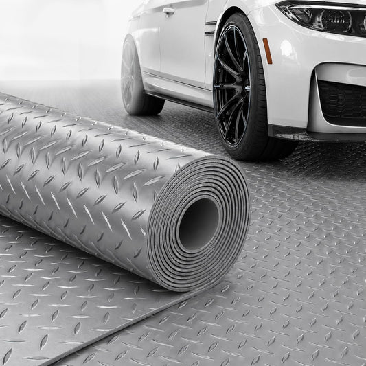 4x10 FT Garage Floor Mat, 2.8mm Thickened Diamond Plate PVC Rubber Heavy Duty Flooring Roll Covering Non-Slip Floor Protector Mat for Under Car Parking/Garage/Warehouse/Gyms/Trailer (Gray)