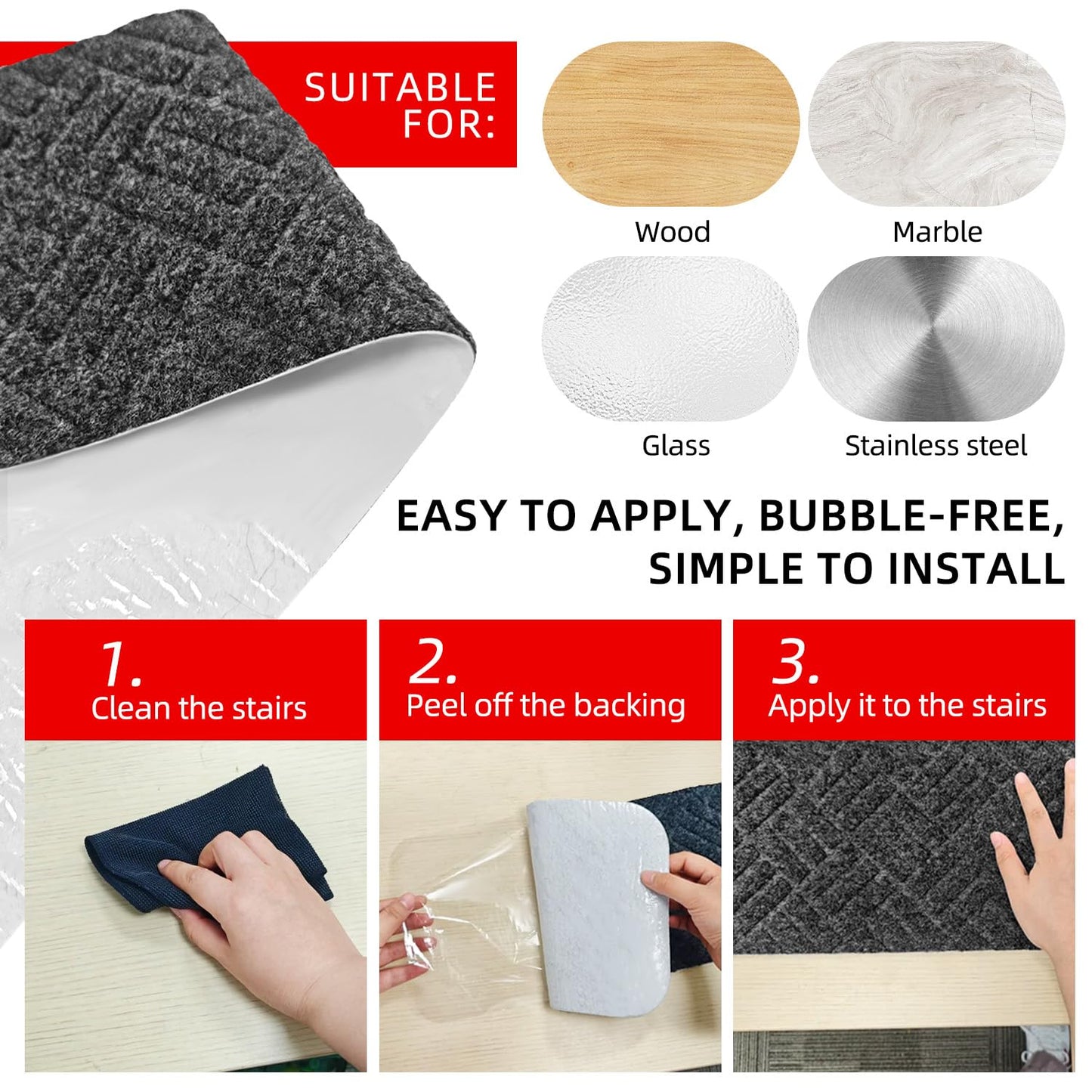 WELSTIK Non-Slip Stair Treads 30x8 Inch, Indoor Carpet Runners for Wooden Steps, Edging Stair Rugs with TPE Backing, 100% Polyester, Safe for Kids and Dogs (15 Pack, Grey)