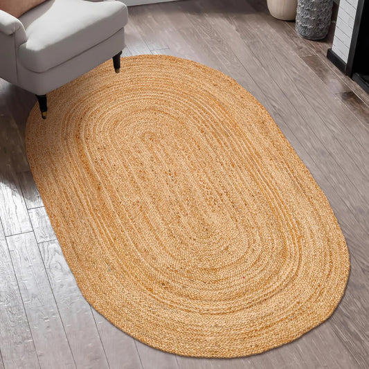 OHOMLY LIVING Handcrafted Jute Braided Rug 3x5 Feet Oval - 100% Natural Jute Area Rug - Rustic Farmhouse Boho Accent Rug for Living Room Bedroom Kitchen Entryway Reversible Handwoven Floor Rug