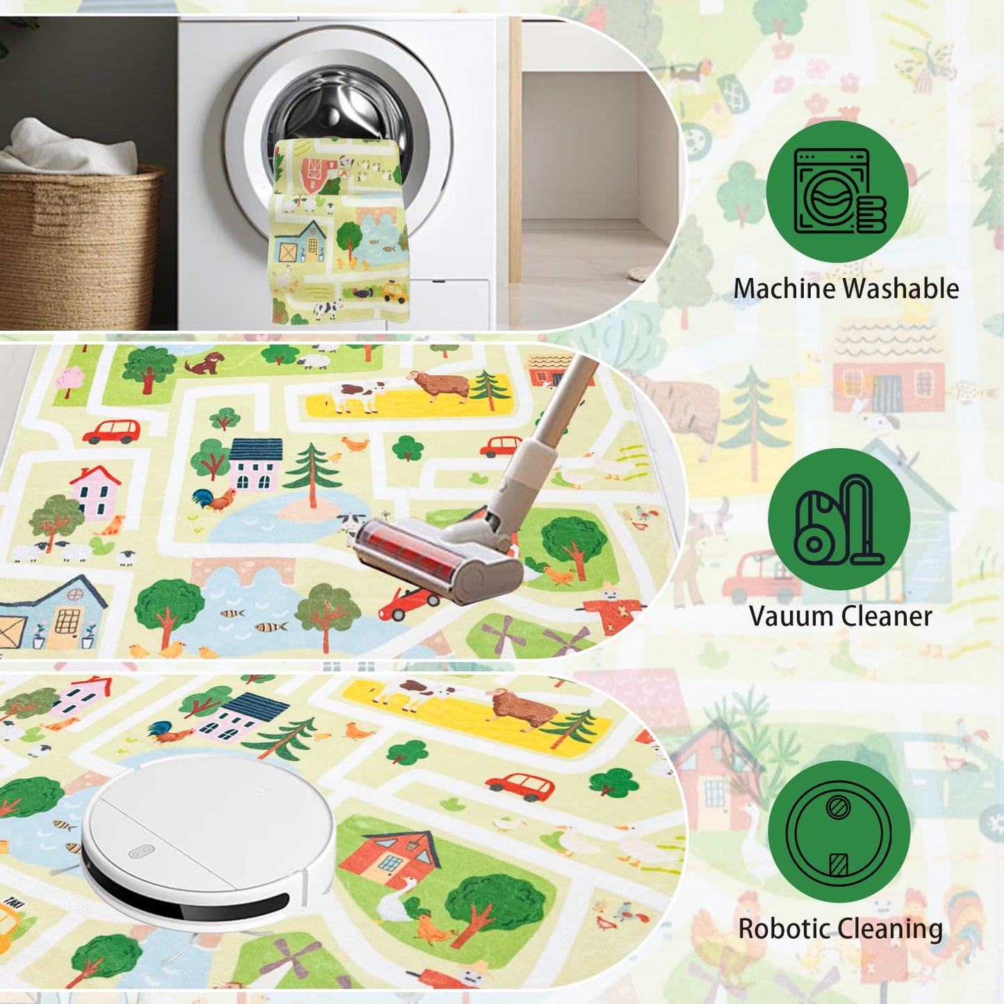Lacomfy Kids Rug 4x6 Large Farm Animal Area Rug Traffic Road Children Play Mat for Playroom Nonslip Toy Cars Mat Farm Animals Zoo Road Kids Rug for Classroom Bedroom, Green