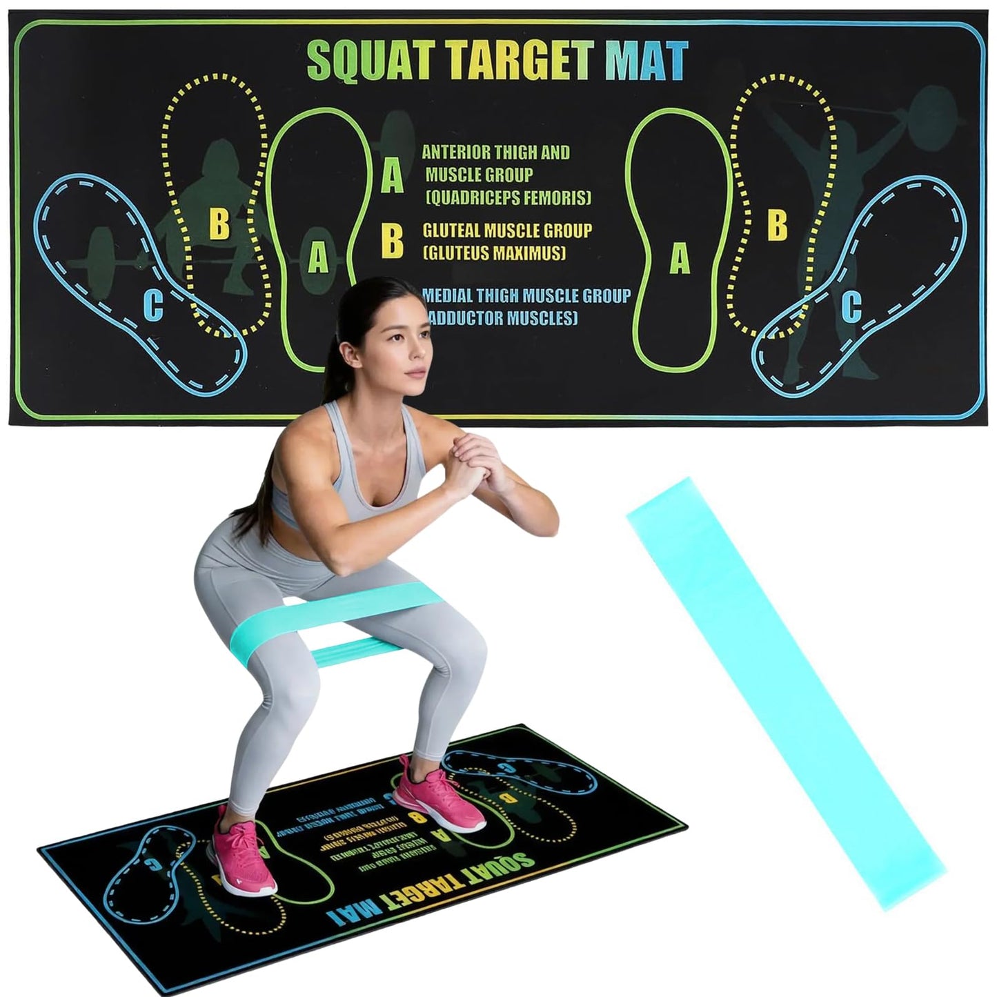 Squat Mat with Foot Position 13.8×31.5in — Non-Slip + Resistance Band