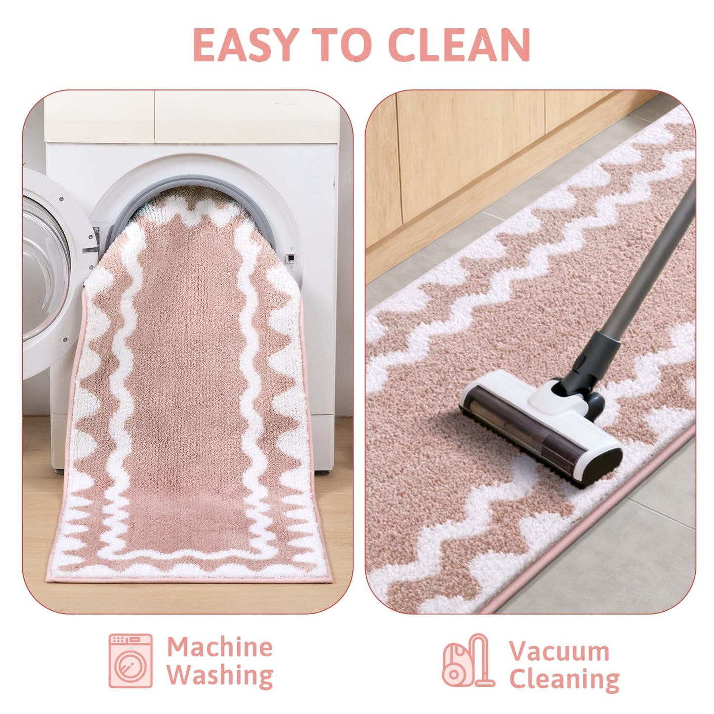 Findosom Bathroom Rugs Sets 5 Piece, Absorbent Soft Non-Slip Washable Microfiber Shaggy Bath Mat Set with Bathroom Runner Rug, U-Shaped Toilet Rugs, Shower Rug & Toilet Lid Cover, Pink-White