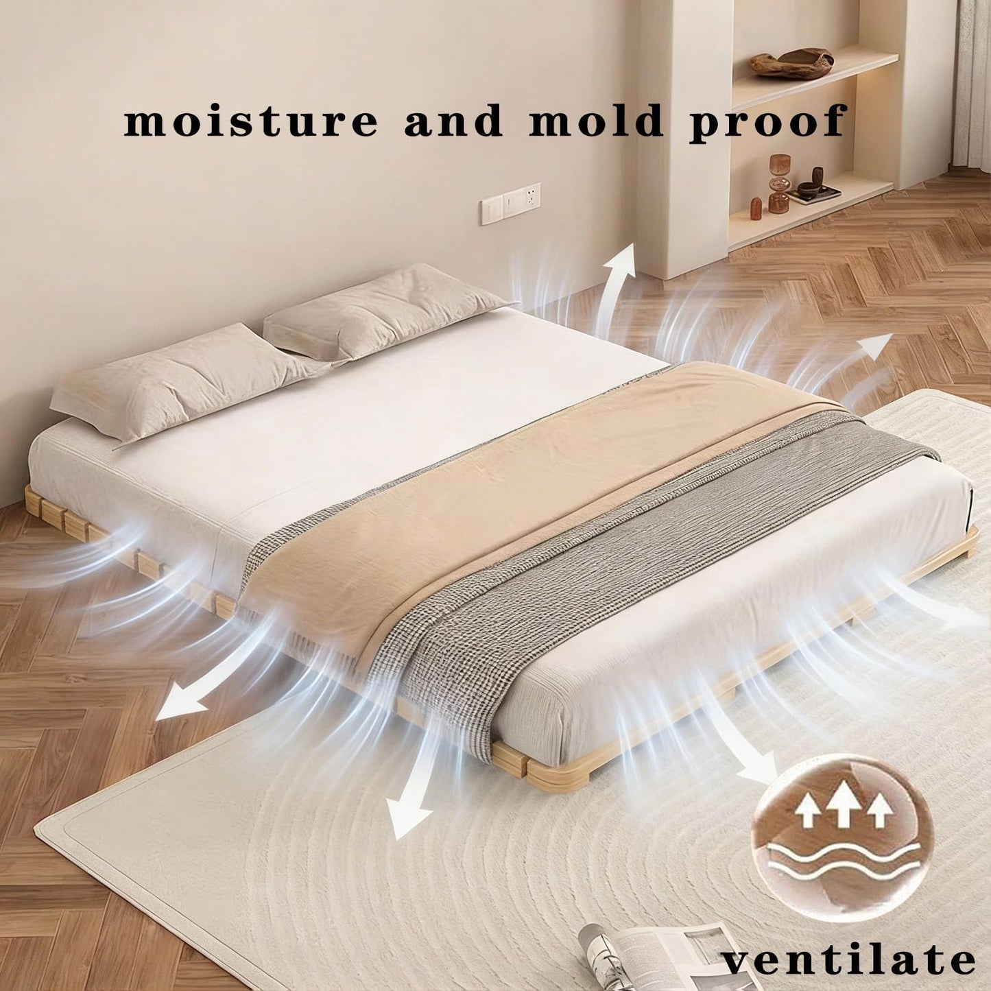 XIJIXILI Floor Bed Frame Japanese Floor Bed Foldable Pallet Moisture-Proof Frame Wooden Floor Platform Guest Tatami Mat