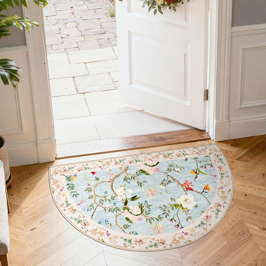 jinchan Washable Small Area Rug, 2x3 Half Circle Vintage Botanical Entryway Rug, Low Pile Doormat Soft Non-Slip Dirt Trapping Carpet for Entance Kitchen Bathroom Vanity Luandry Room, Floral Blue/Pink