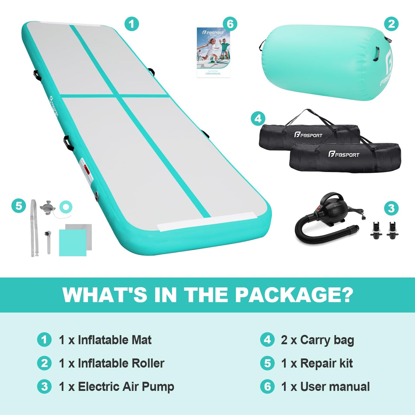 FBSPORT Inflatable Air Gymnastics Mat 4 inches Thickness and Air Roller 40x23.6 inches with Electric Air Pump 10ft Training Mats for Home Use Cheerleading Outdoor Training Park Yoga Beach Water(Green)