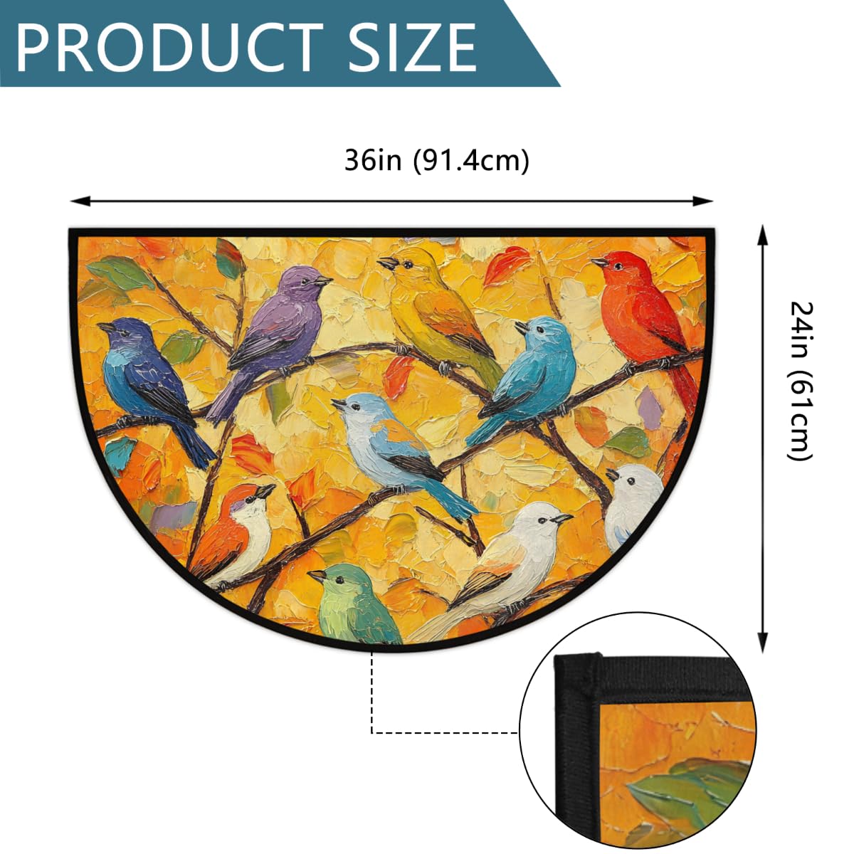 Pardick Bird Oil Painting Half Round Door Mat, Non-Slip Welcome Indoor Entrance Way Rug Semi Circle Front Doormats Washable Bathroom Kitchen Floor Mat, Outdoor Rugs for Garage, Patio, Hearth Rug