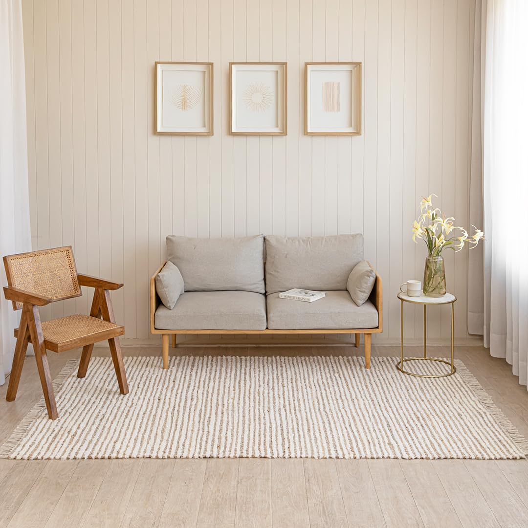 HOMEMONDE Jute Cotton Area Rug 6x9 ft Large Rectangle Hand Woven Natural Farmhouse Rugs for Living Room, Bedroom, Kitchen, High Traffic Area - Rustic Vintage Bohemian (Natural Offwhite)