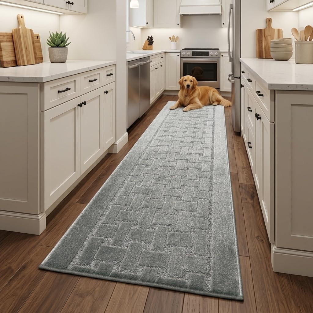 Runner Rug 8 ft, Non-Slip Washable Rug, Grey Textured Carpet for Kitchen Hallway Laundry Entryway, Rubber Backing, Indoor, Rolled in Box (26" x 8'), Custom Size Floor Runner