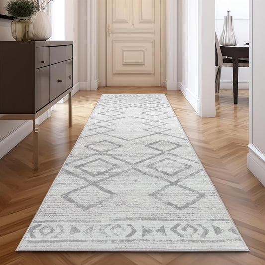 jinchan Hallway Runner Rug 3x7 - Moroccan Kitchen Machine Washable Runner Rug Modern Geometric Soft Faux Wool Ultra-Thin Low-Pile Non-Slip Carpet for Laundry Room Bedroom Farmhouse (3x7ft, Grey)