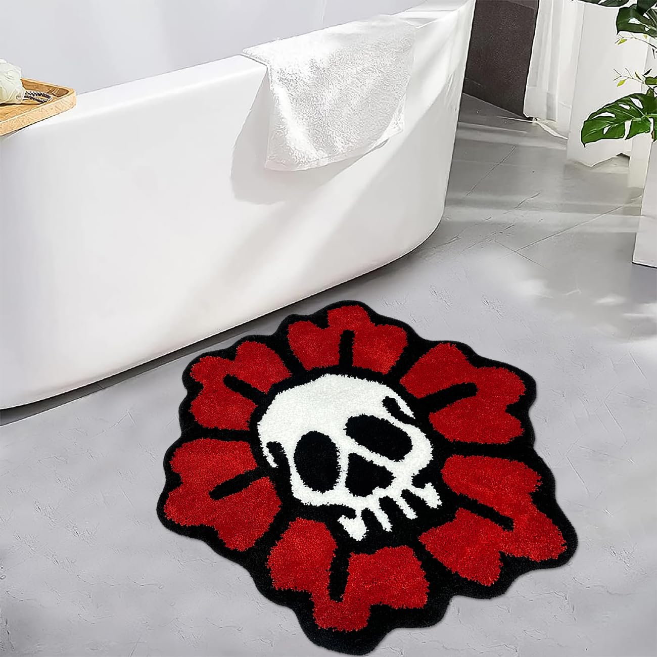 PRELETOCH Trippy Skull Rug Cool Bathroom Rugs Gothic Red Flower Tufted Extra Soft Water Absorbent Quick Dry Bathroom Mat Non Slip Bath Mat Halloween Horror Goth Decor Carpet, 2.6 x 2.6FT