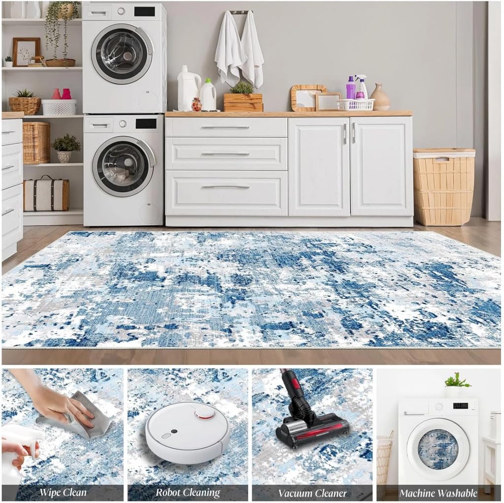 Beige White Gray Marble Texture Irregular Shaped Rug for Living Room Bedroom Nursery Machine Washable Shaggy Carpet Unique Aesthetic Art Deco Rugs Non Slip Under Dining Coffee Table Floor Mat 5x7