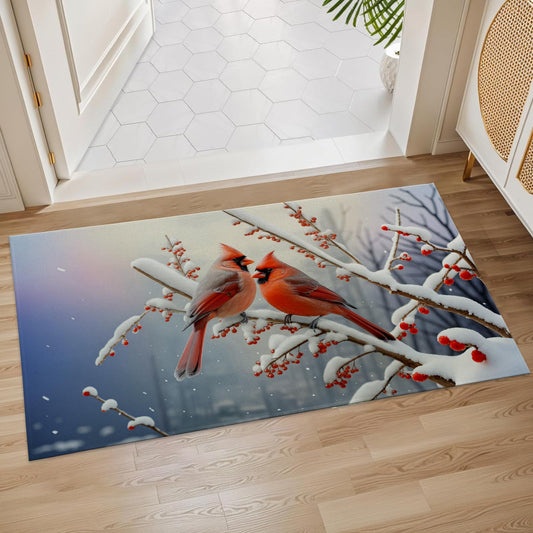 Plistiz Winter Cardinal Indoor Door Mat, 17x29.5 Inch, Floor Area Rug for Entryway, Living Room, or Bathroom, Non-Slip Doormat, Bird Home Decor Rug Gifts
