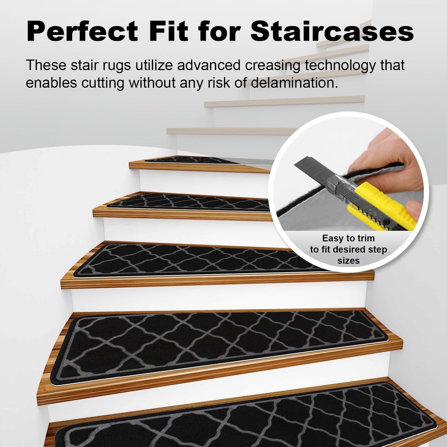 Stair Treads Non-Slip Carpet Indoor, 15 Packs 30X8in Stair Carpet Runners for Wooden Steps with Reusable Adhesive for Kids Elders, and Dogs, 100% Polyester Surface TPR Backing Stair Rugs, Black