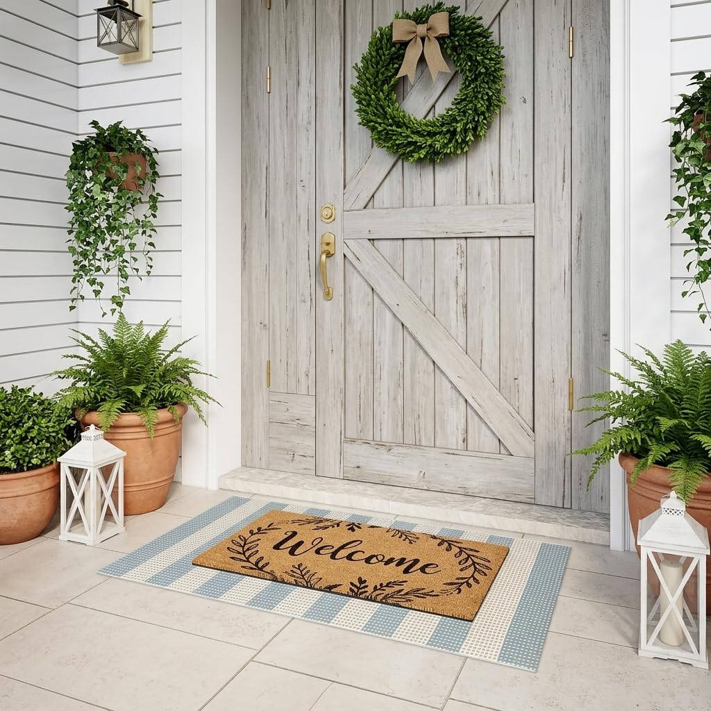 LEEVAN Outdoor Porch Rug 2x4.3, Washable Front Door Mat, Welcome Mat Outside Entrance, Blue White and Tan Striped Outdoor Entryway Rug, Farmhouse Buffalo Plaid Porch Layered Doormats Entry
