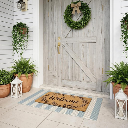 LEEVAN Outdoor Porch Rug 2x4.3, Washable Front Door Mat, Welcome Mat Outside Entrance, Blue White and Tan Striped Outdoor Entryway Rug, Farmhouse Buffalo Plaid Porch Layered Doormats Entry