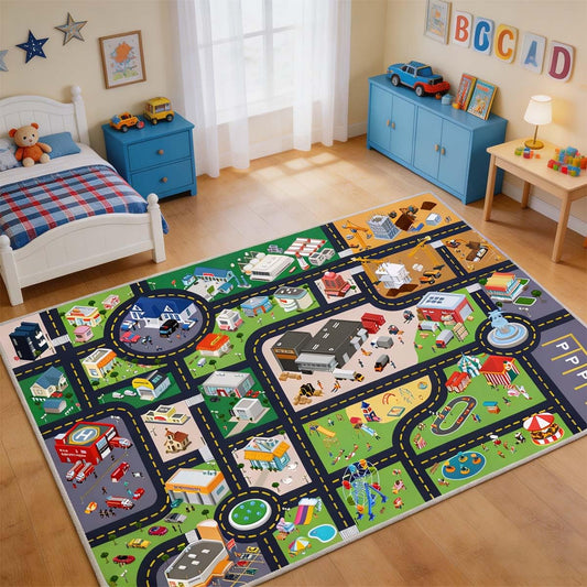 Pyrrhite Kids Rug Playroom Car Play Mat City Life Road Rug for Cars Fun City Map for Track Toys, Carpet for Bedroom Boys (City, 31×47in)