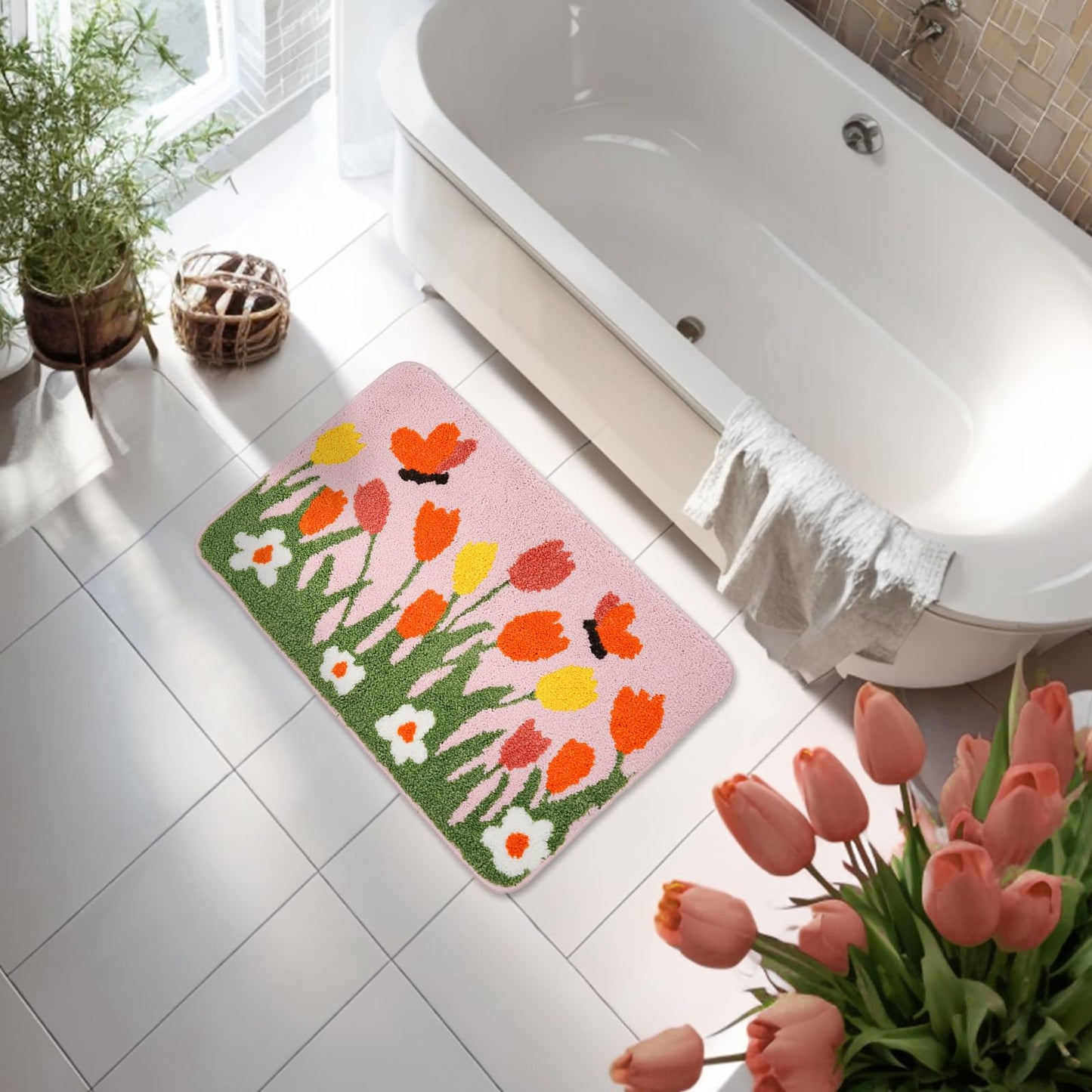 QIONG MENG Spring Bath Mat Flower Bathroom Rug Tulips Home Decor Indoor Bathroom Mat Doormats 17 x 27 Inch for Tub Home Living Room