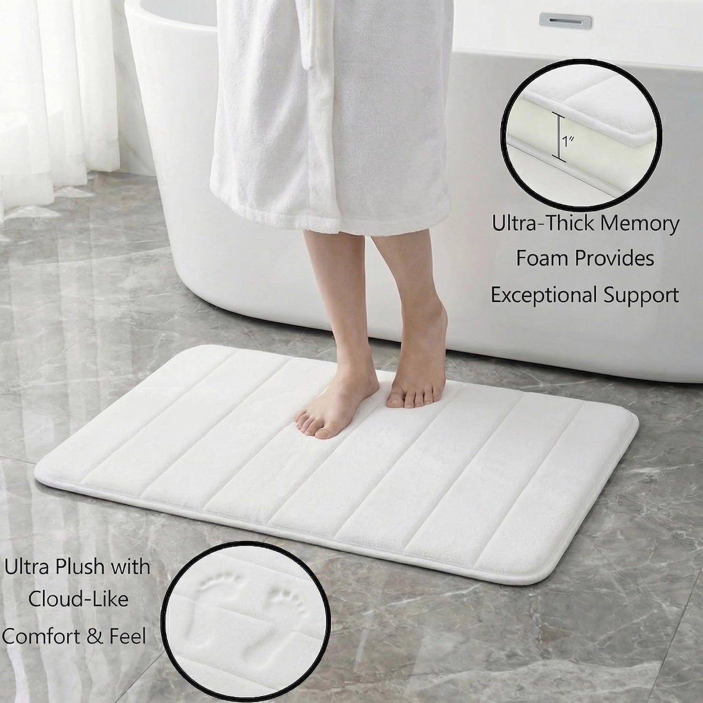 Flotstiga Memory Foam Bath Mat Set 3 Piece，Super Soft Absorbent Bathroom Rug Non Slip, Quick Dry,Machine Wash, Perfect Plush Bathroom Rugs,Home Decor Accessories,White
