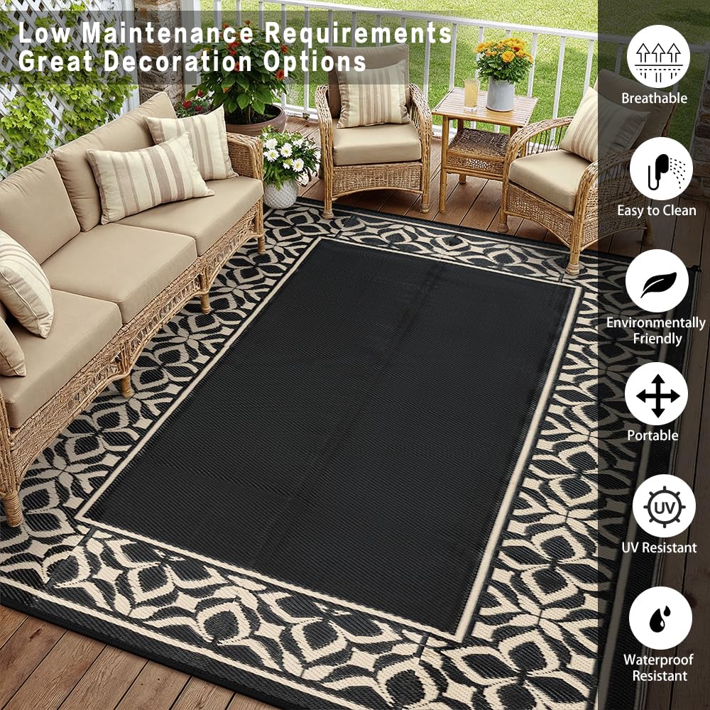 PureCozy Outdoor Plastic Straw Rug Black Beige Large Outside Waterproof Outdoor Patio 9x12 Carpet Geometric Reversible Mat Modern for Camping RV Porch Deck Balcony Beach